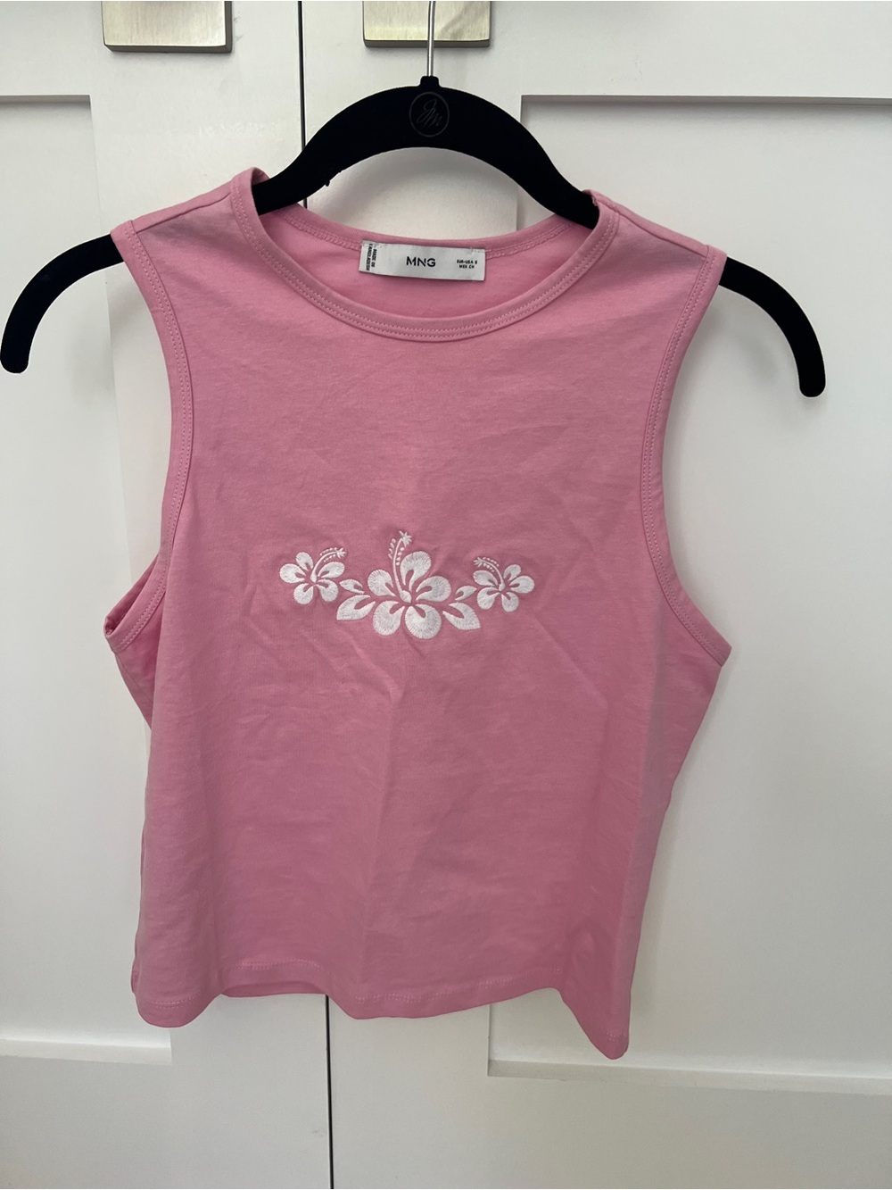 Mango Pink Hawaiian Floral Embroidered Cropped Cotton Y2K Tank Top [Small]